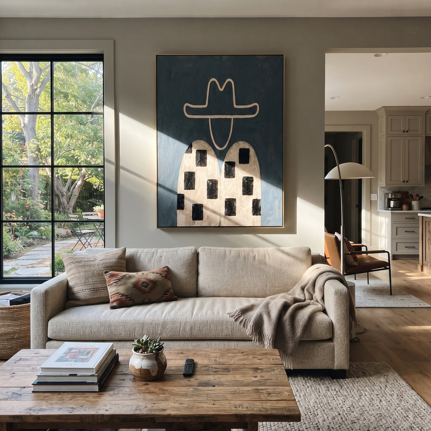 Black Blocks Cross Linen - geometric western figure painting by Elliot Vale, modern figurative vertical wall art - styled room scene view 2