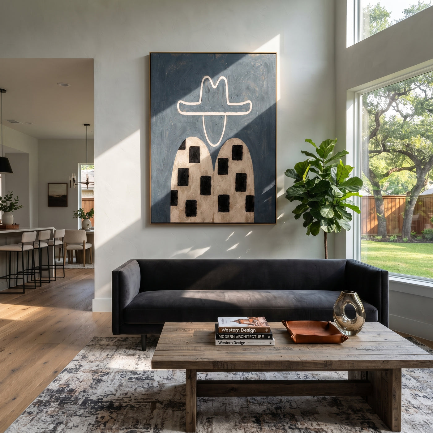 Black Blocks Cross Linen - geometric western figure painting by Elliot Vale, modern figurative vertical wall art - styled room scene view 3