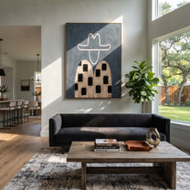 Black Blocks Cross Linen - geometric western figure painting by Elliot Vale, modern figurative vertical wall art - styled room scene view 3