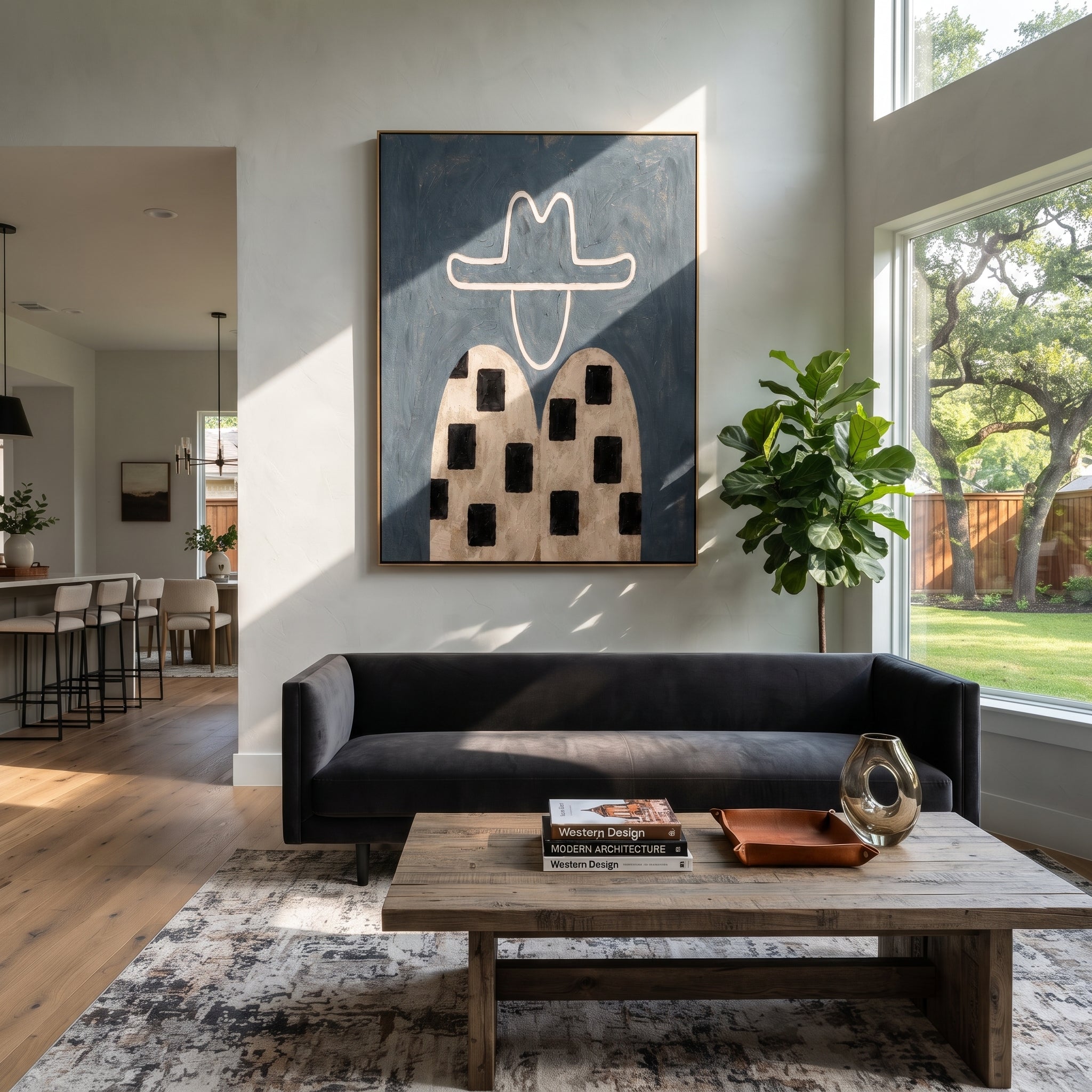 Black Blocks Cross Linen - geometric western figure painting by Elliot Vale, modern figurative vertical wall art - styled room scene view 3
