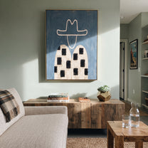 Black Blocks Cross Linen - geometric western figure painting by Elliot Vale, modern figurative vertical wall art - styled room scene view 4