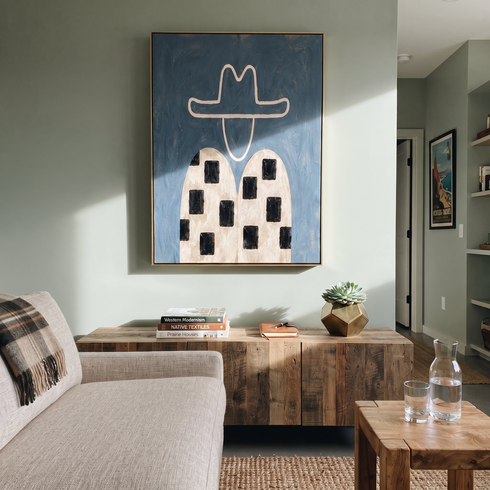 Black Blocks Cross Linen - geometric western figure painting by Elliot Vale, modern figurative vertical wall art - styled room scene view 4