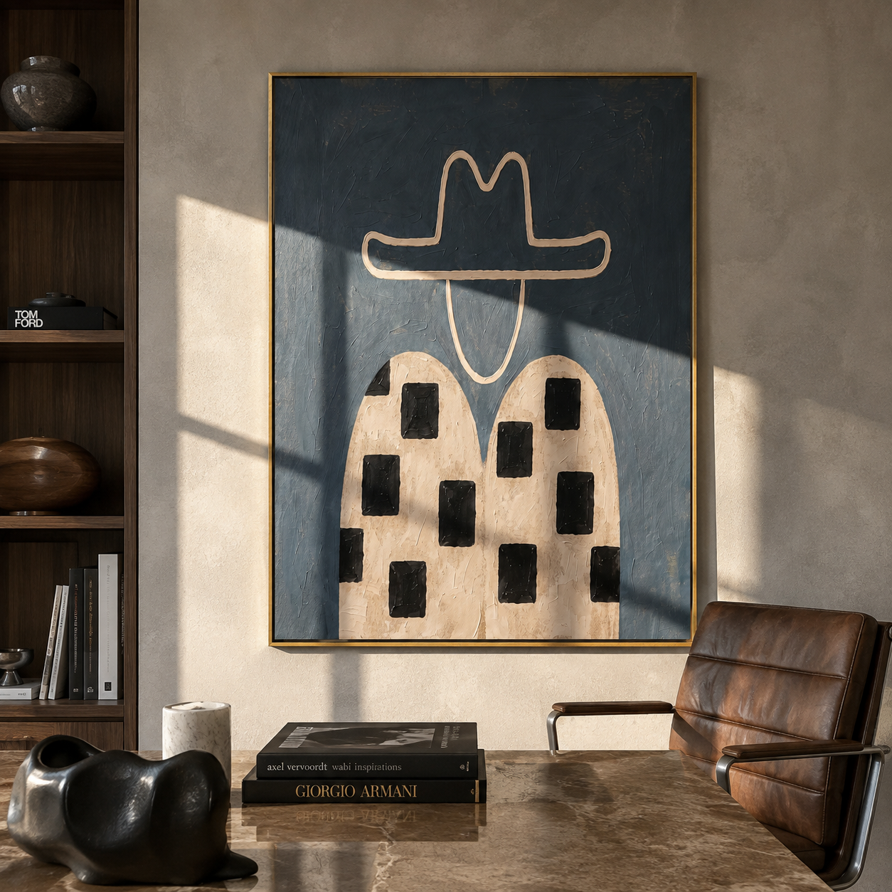 Black Blocks Cross Linen - geometric western figure painting by Elliot Vale, modern figurative vertical wall art - styled room scene view 5