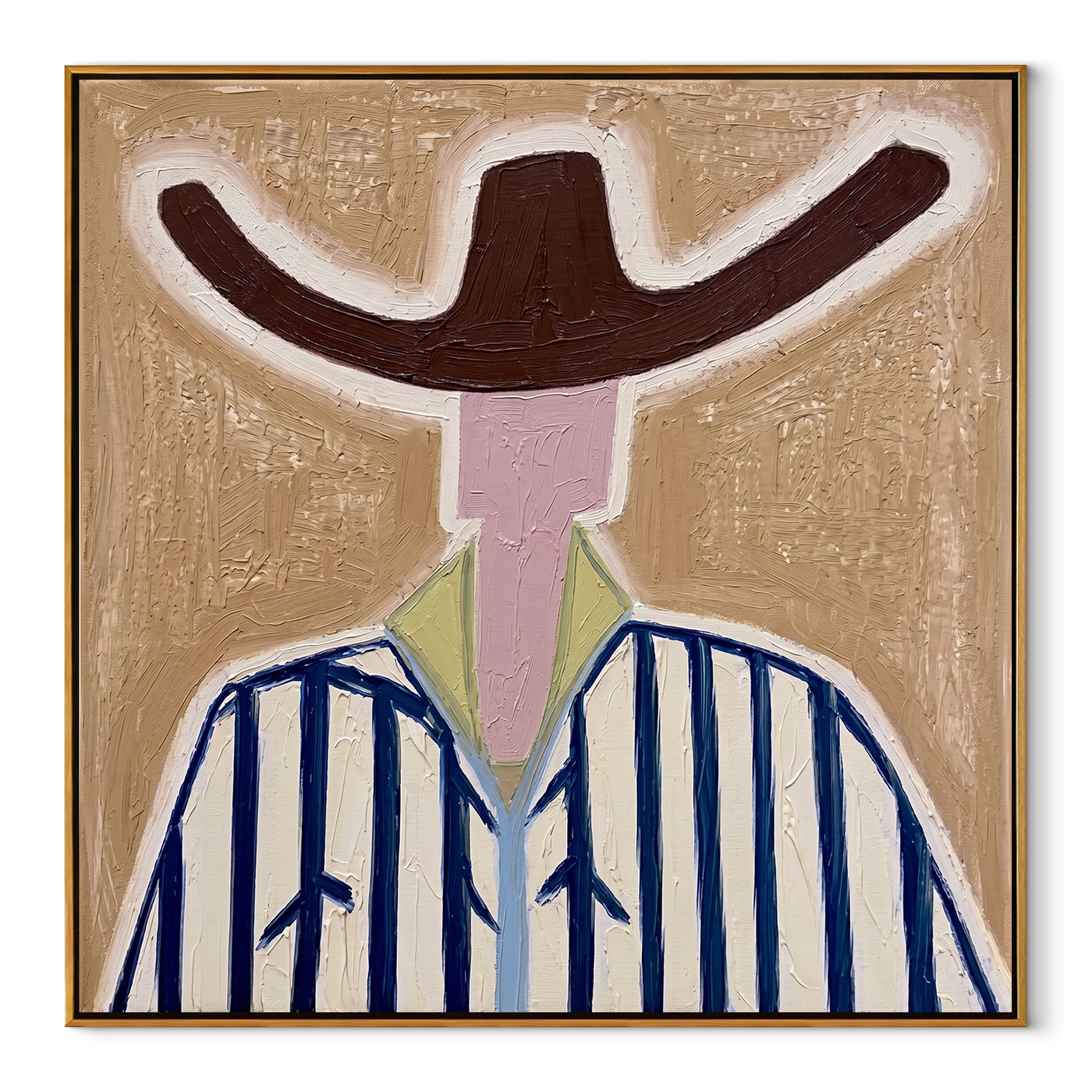 Brown Wings Shade Blue - blue striped cowboy painting by Elliot Vale, modern figurative square wall art - framed artwork on white background