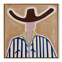 Brown Wings Shade Blue - blue striped cowboy painting by Elliot Vale, modern figurative square wall art - framed artwork on white background