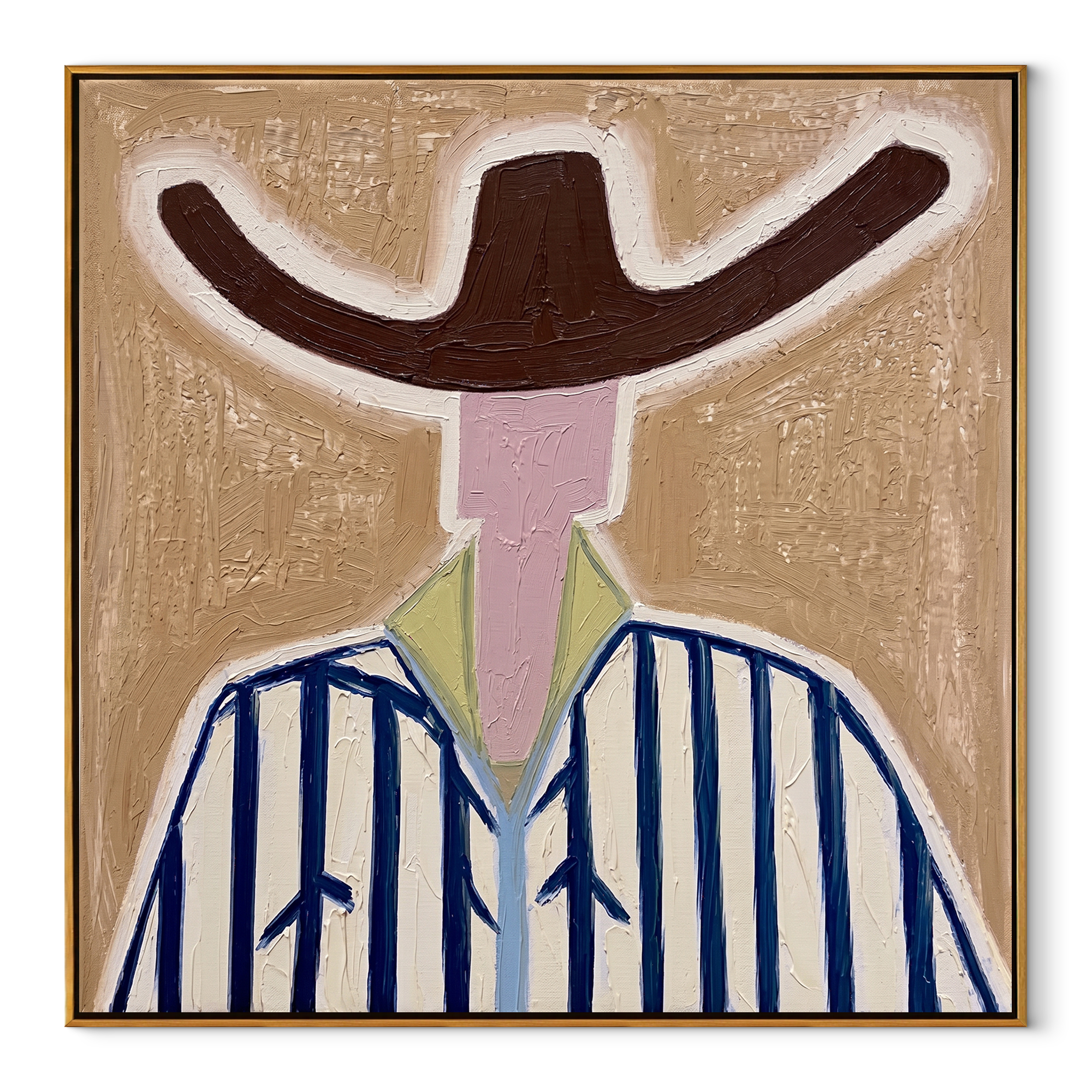 Brown Wings Shade Blue - blue striped cowboy painting by Elliot Vale, modern figurative square wall art - framed artwork on white background