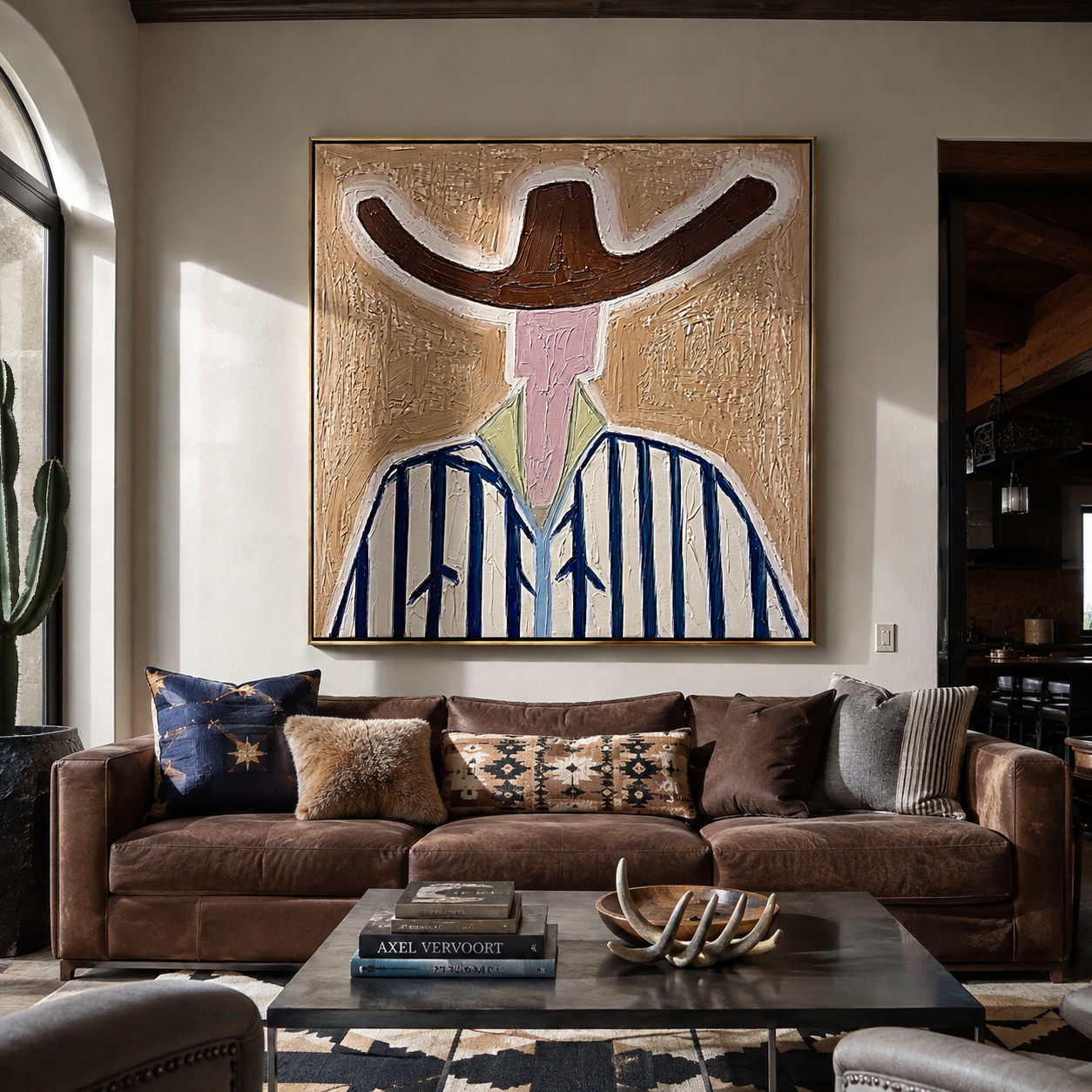 Brown Wings Shade Blue - blue striped cowboy painting by Elliot Vale, modern figurative square wall art - styled room scene view 2