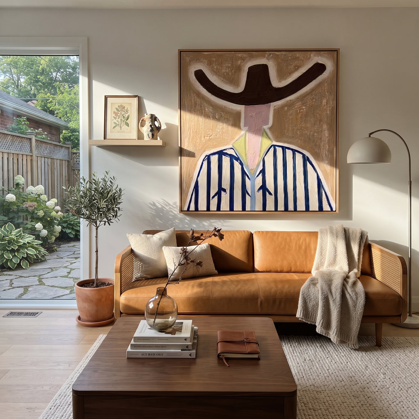 Brown Wings Shade Blue - blue striped cowboy painting by Elliot Vale, modern figurative square wall art - styled room scene view 3
