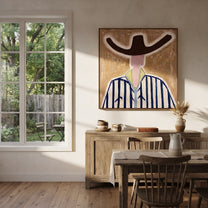 Brown Wings Shade Blue - blue striped cowboy painting by Elliot Vale, modern figurative square wall art - styled room scene view 4