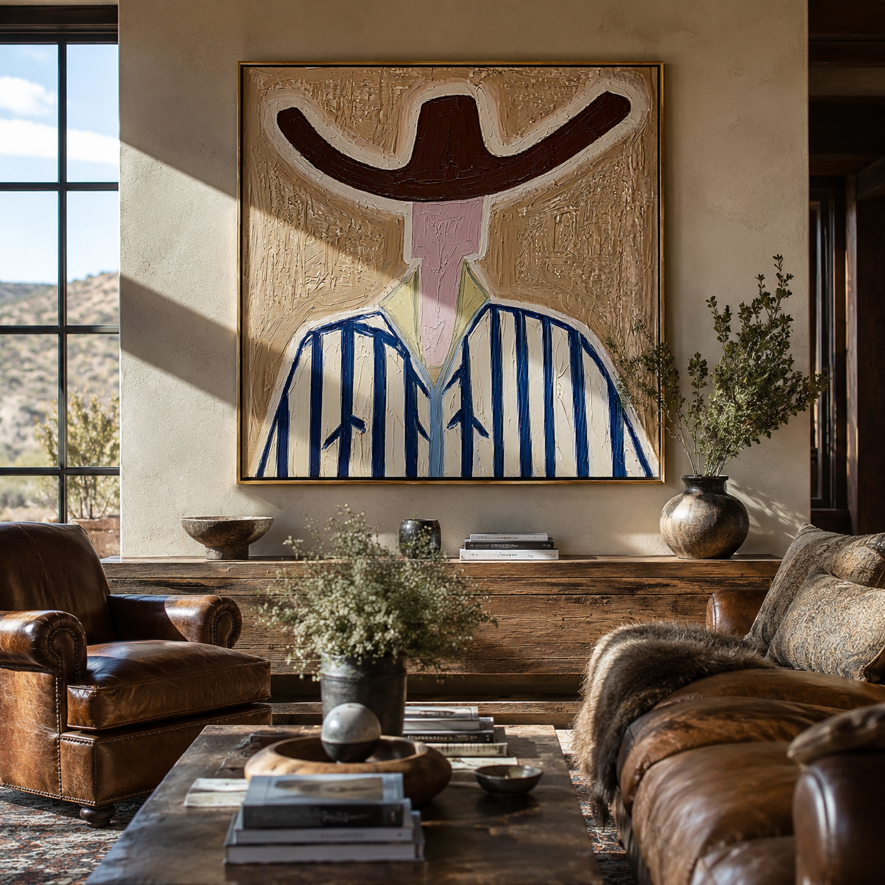 Brown Wings Shade Blue - blue striped cowboy painting by Elliot Vale, modern figurative square wall art - styled room scene view 5
