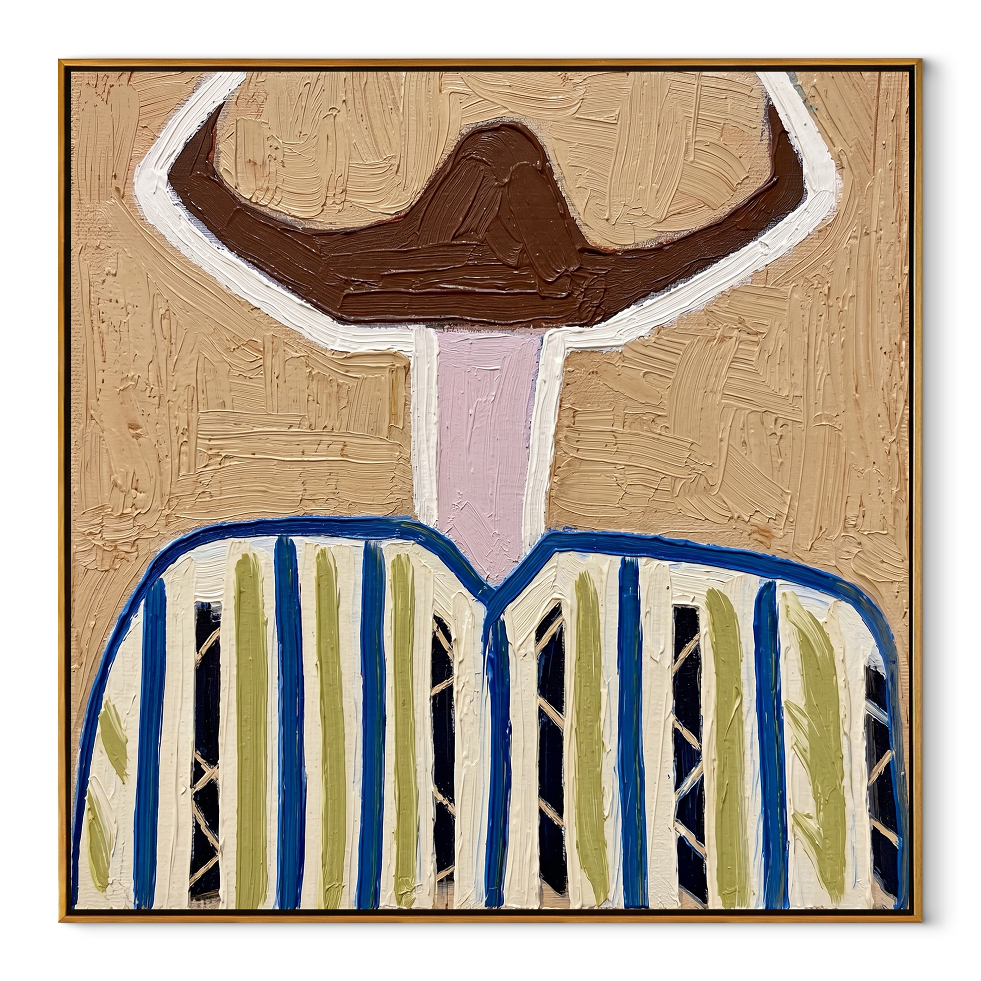 White Halo Frames Brown - blue striped hat figure painting by Elliot Vale, modern figurative square wall art - framed artwork on white background