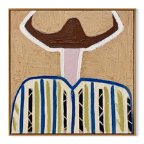 White Halo Frames Brown - blue striped hat figure painting by Elliot Vale, modern figurative square wall art - framed artwork on white background