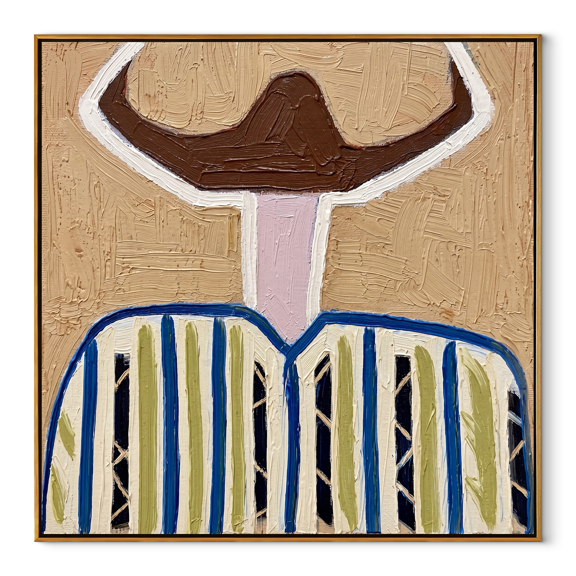 White Halo Frames Brown - blue striped hat figure painting by Elliot Vale, modern figurative square wall art - framed artwork on white background