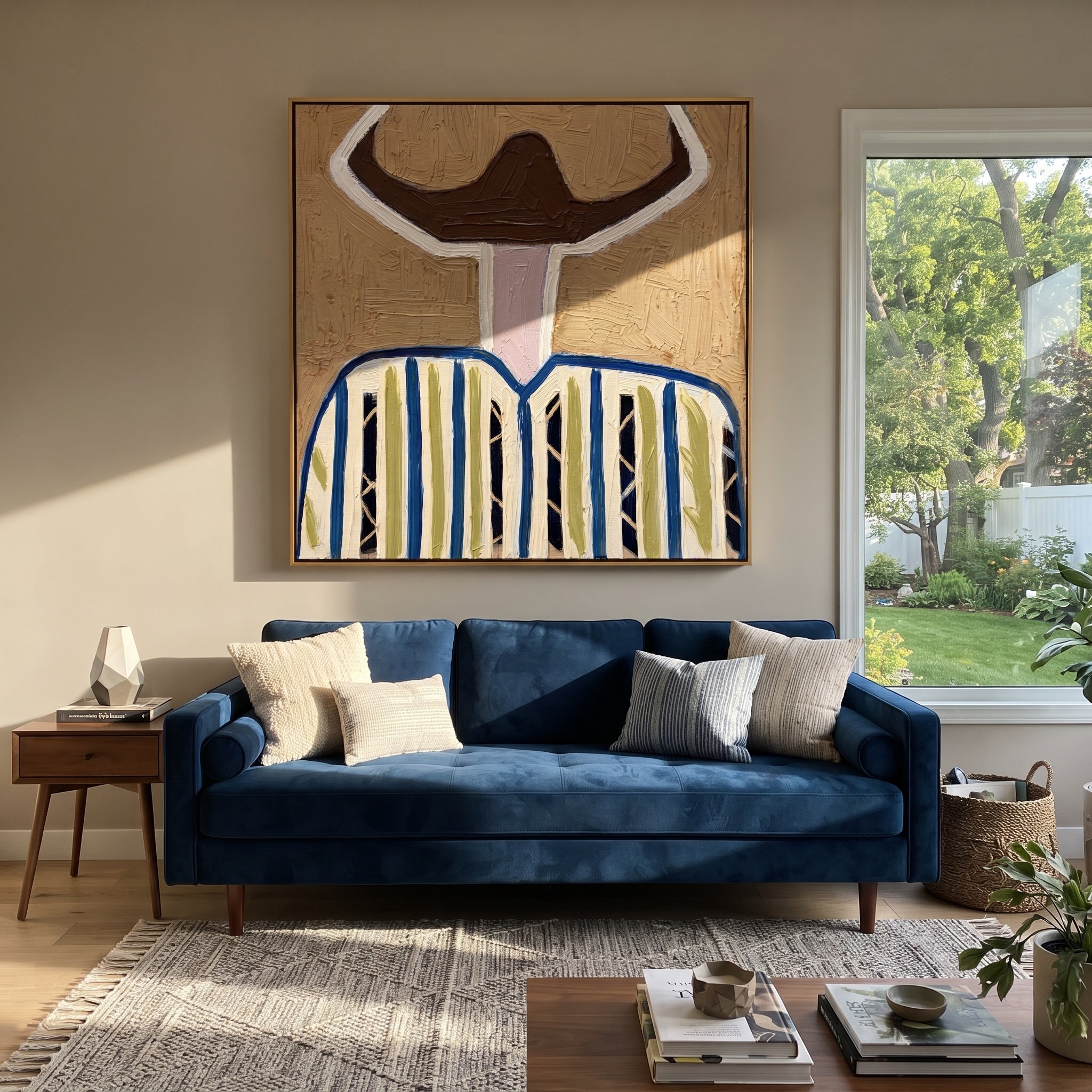 White Halo Frames Brown - blue striped hat figure painting by Elliot Vale, modern figurative square wall art - styled room scene view 3
