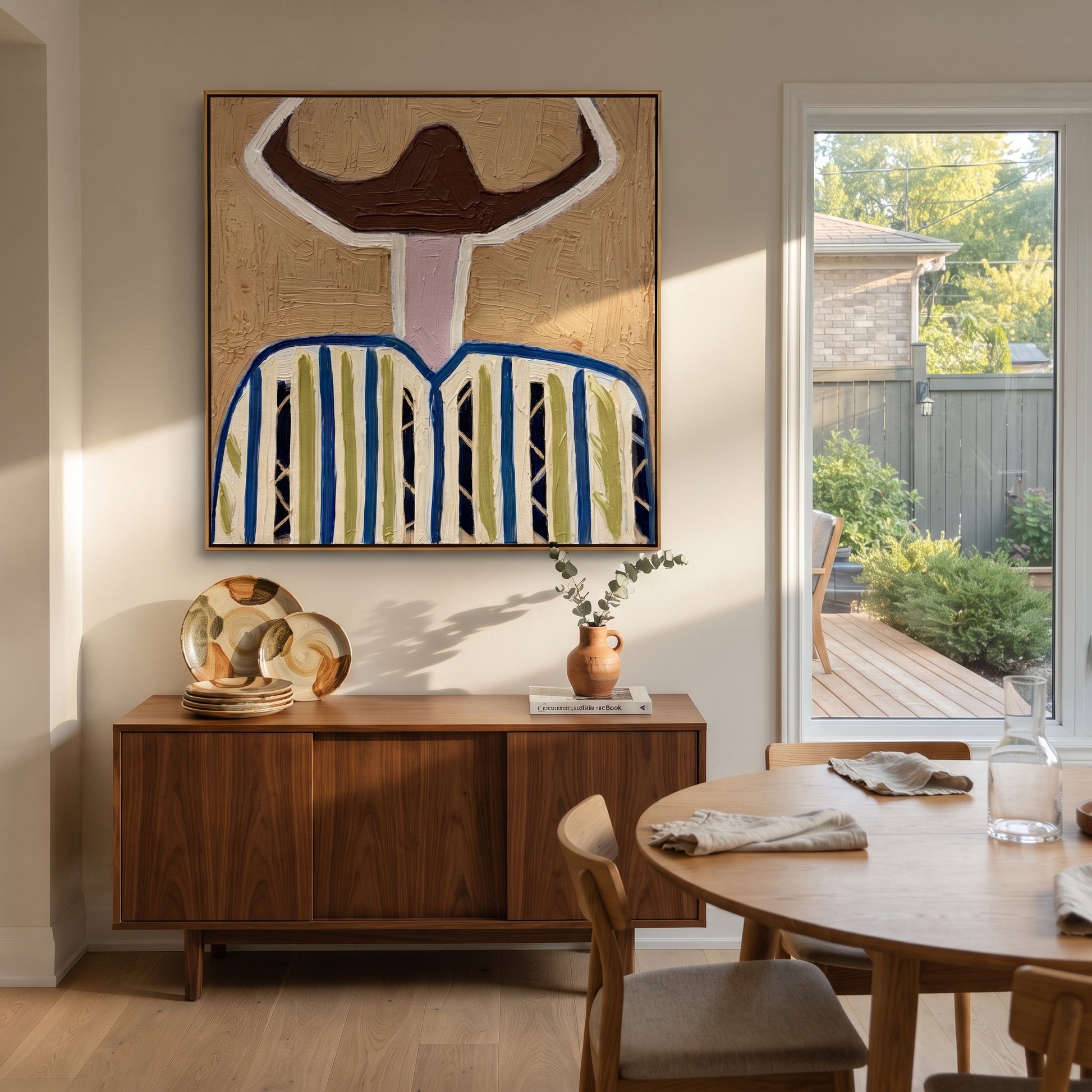 White Halo Frames Brown - blue striped hat figure painting by Elliot Vale, modern figurative square wall art - styled room scene view 4