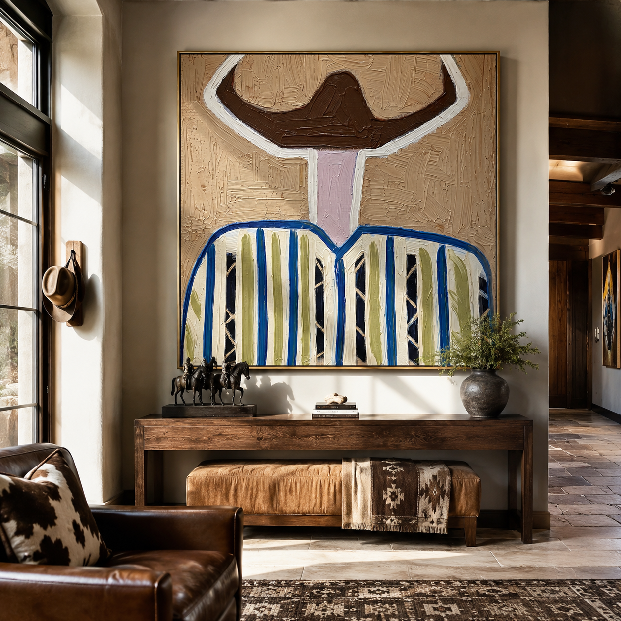 White Halo Frames Brown - blue striped hat figure painting by Elliot Vale, modern figurative square wall art - styled room scene view 5