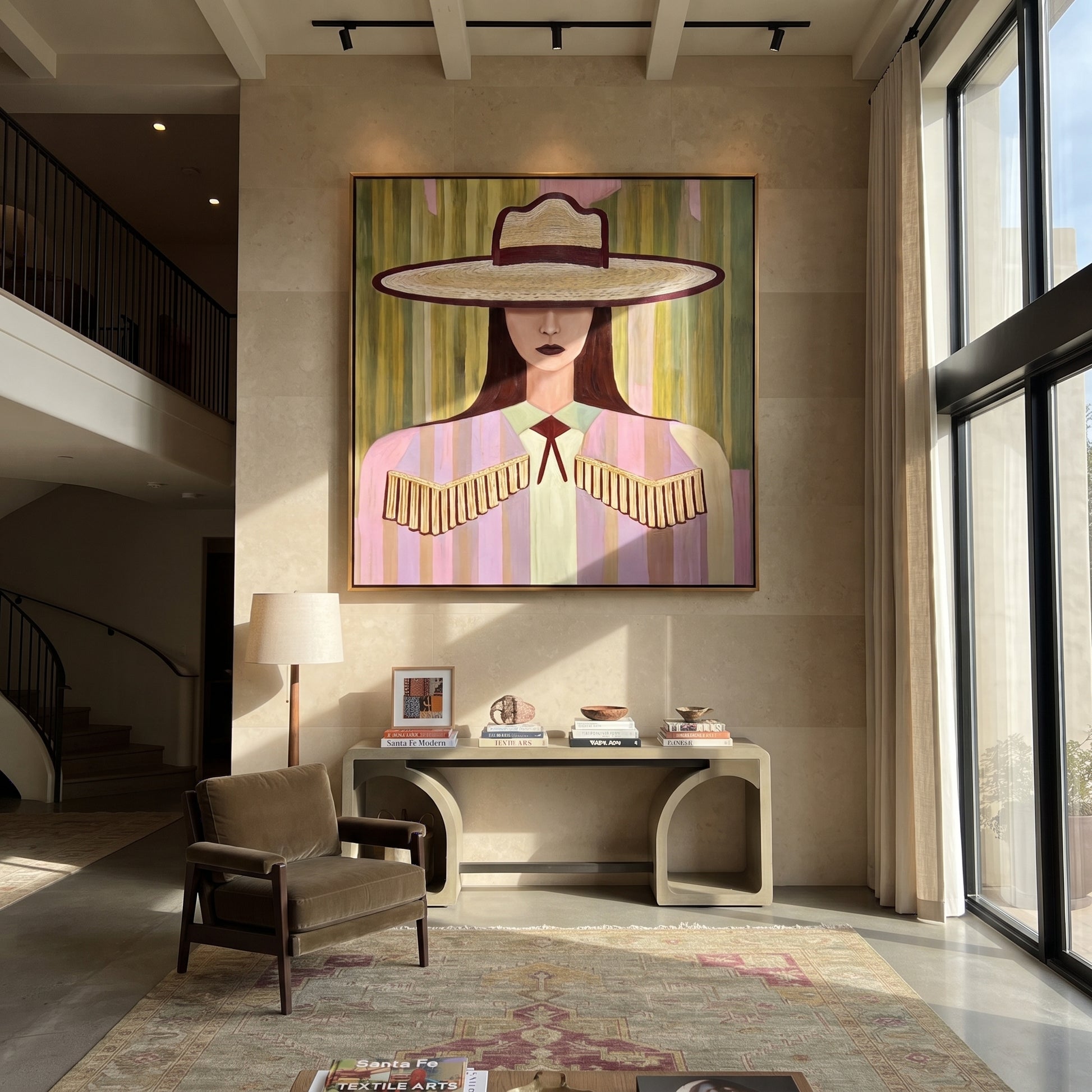 Ivory Brim Holds Fringe - pastel cowgirl portrait painting by Elliot Vale, modern figurative square wall art - styled room scene view 1