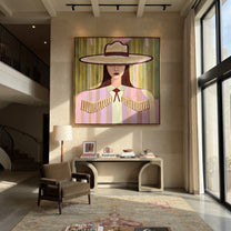 Ivory Brim Holds Fringe - pastel cowgirl portrait painting by Elliot Vale, modern figurative square wall art - styled room scene view 1
