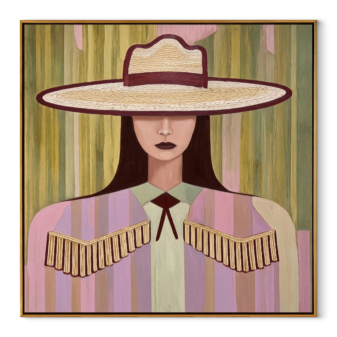 Ivory Brim Holds Fringe - pastel cowgirl portrait painting by Elliot Vale, modern figurative square wall art - framed artwork on white background