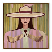 Ivory Brim Holds Fringe - pastel cowgirl portrait painting by Elliot Vale, modern figurative square wall art - framed artwork on white background