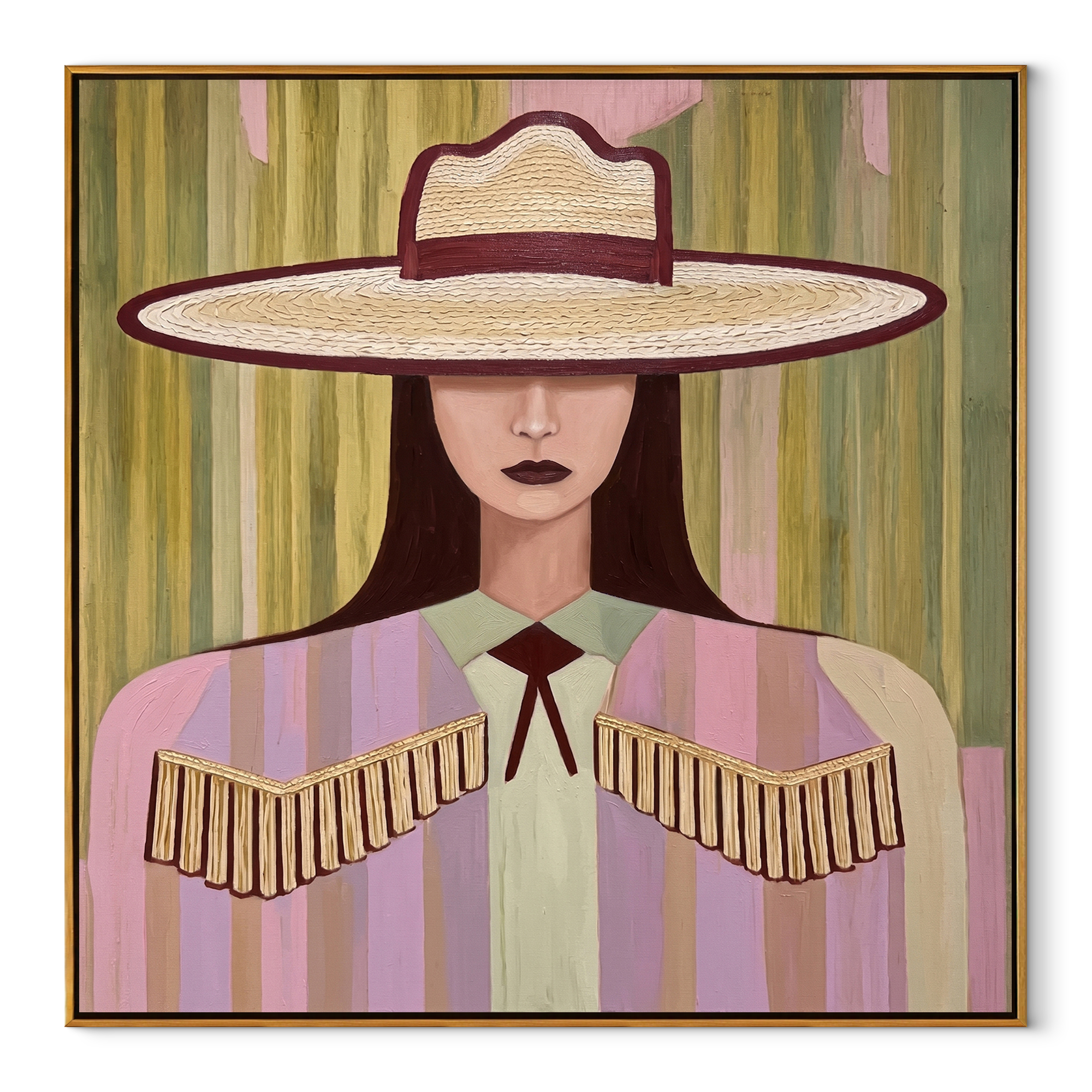 Ivory Brim Holds Fringe - pastel cowgirl portrait painting by Elliot Vale, modern figurative square wall art - framed artwork on white background