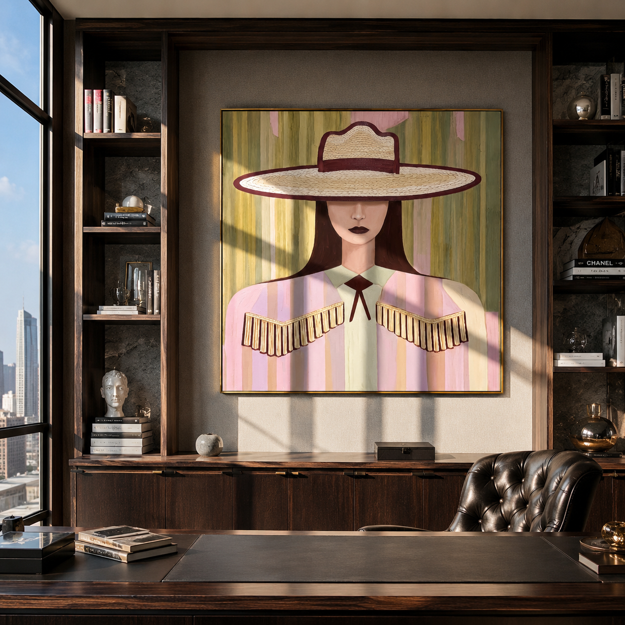 Ivory Brim Holds Fringe - pastel cowgirl portrait painting by Elliot Vale, modern figurative square wall art - styled room scene view 2