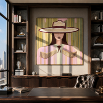 Ivory Brim Holds Fringe - pastel cowgirl portrait painting by Elliot Vale, modern figurative square wall art - styled room scene view 2