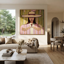 Ivory Brim Holds Fringe - pastel cowgirl portrait painting by Elliot Vale, modern figurative square wall art - styled room scene view 3