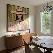 Ivory Brim Holds Fringe - pastel cowgirl portrait painting by Elliot Vale, modern figurative square wall art - styled room scene view 4