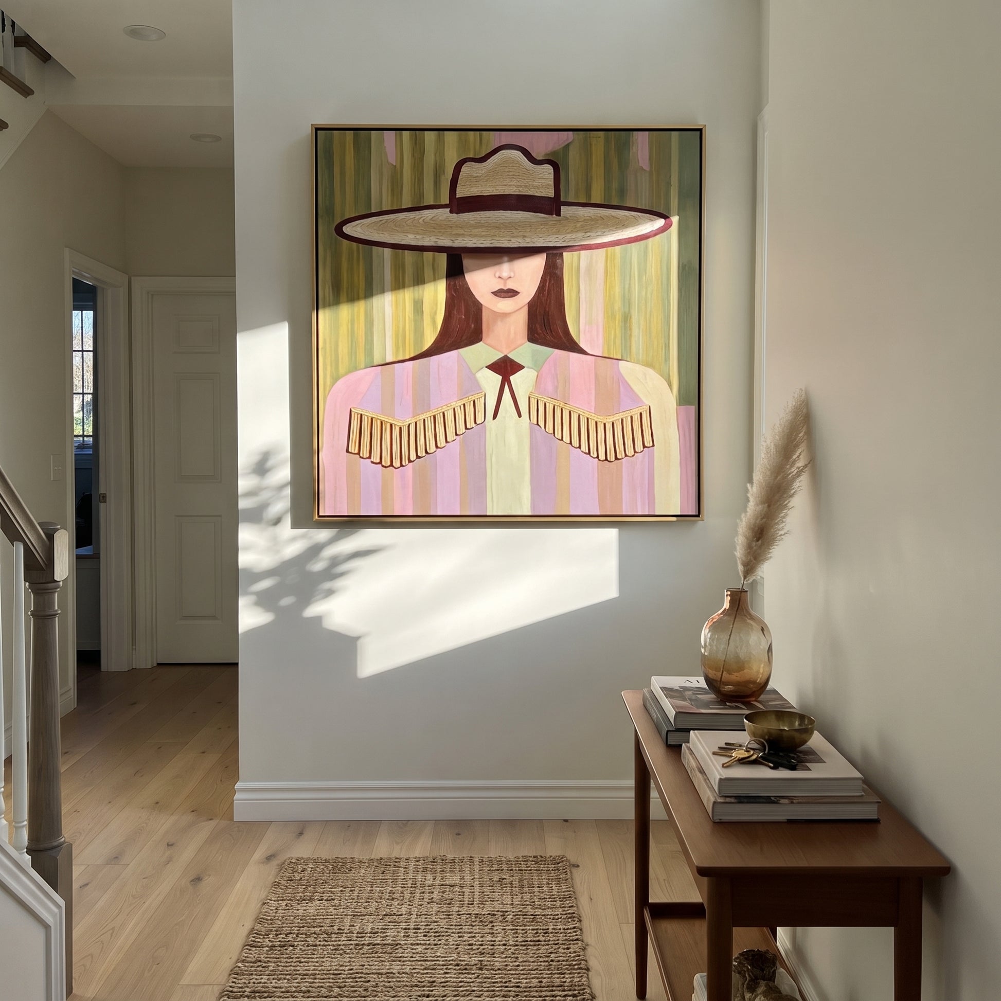 Ivory Brim Holds Fringe - pastel cowgirl portrait painting by Elliot Vale, modern figurative square wall art - styled room scene view 5