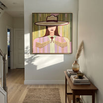 Ivory Brim Holds Fringe - pastel cowgirl portrait painting by Elliot Vale, modern figurative square wall art - styled room scene view 5