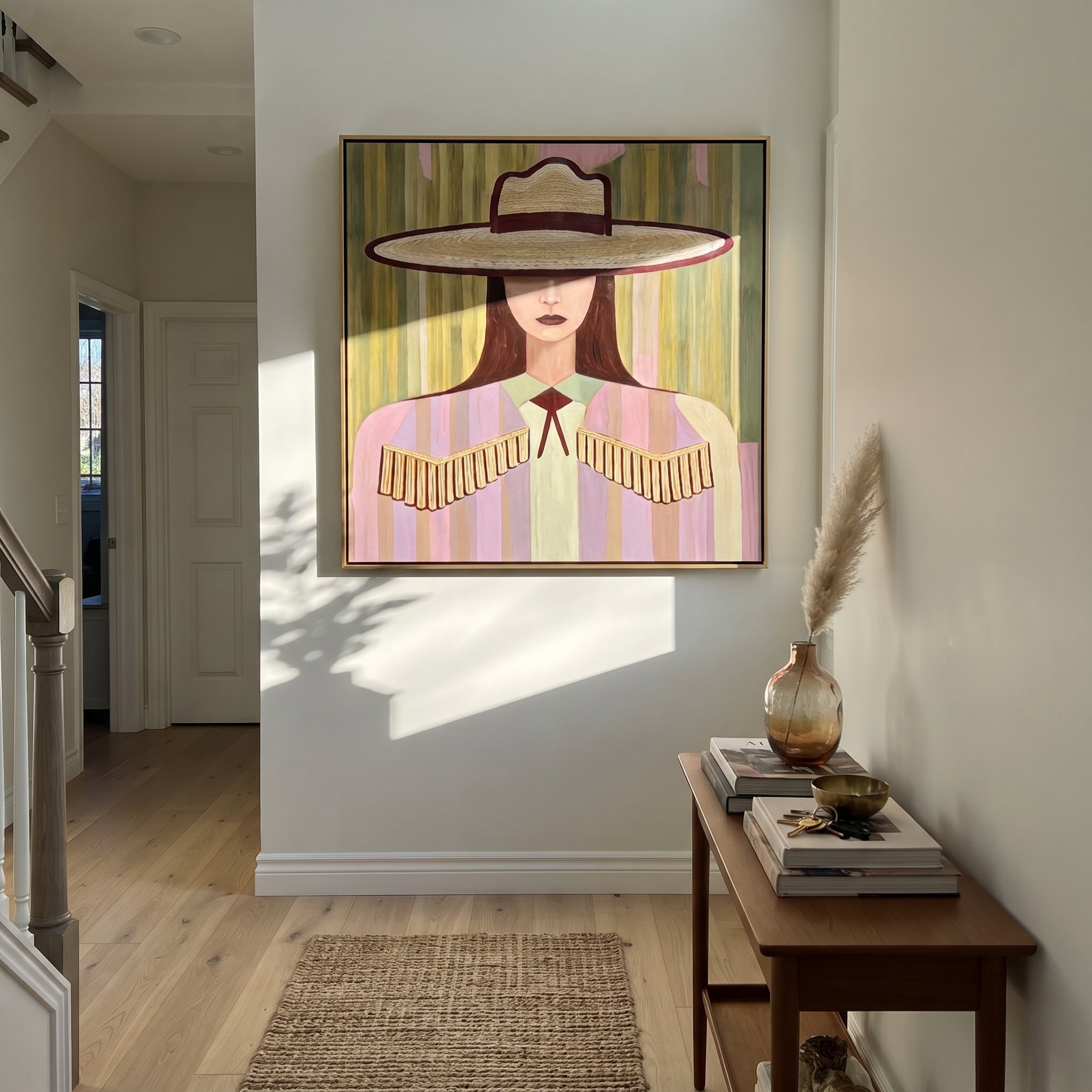 Ivory Brim Holds Fringe - pastel cowgirl portrait painting by Elliot Vale, modern figurative square wall art - styled room scene view 5