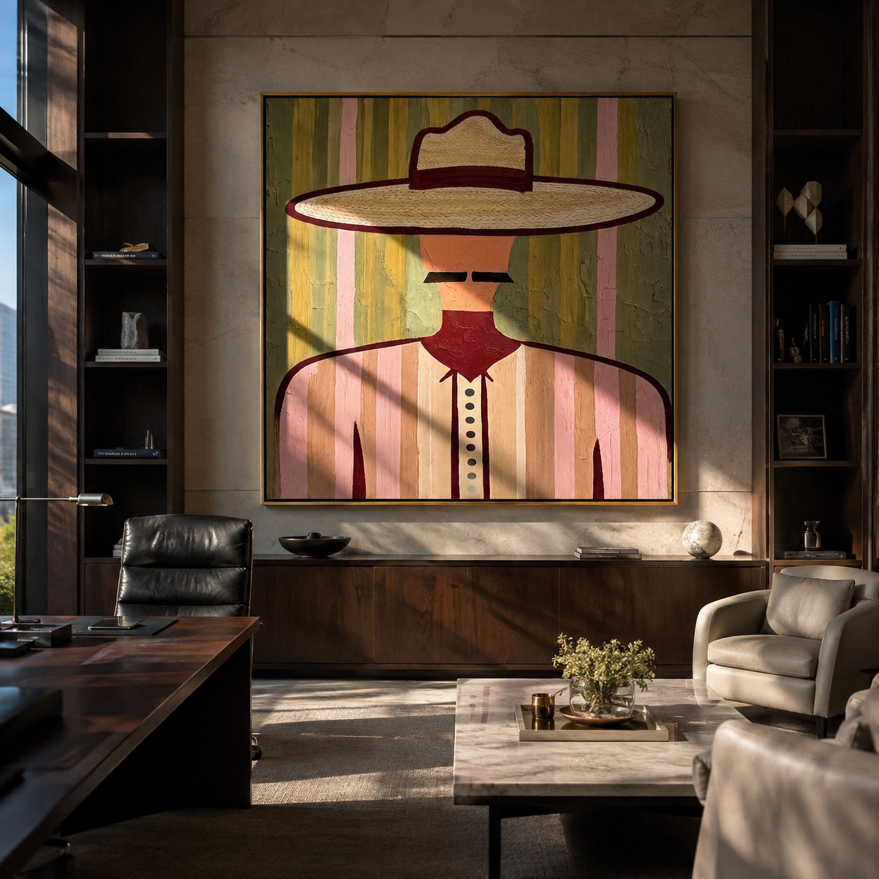 Pastel Brim Frames Mustache - pastel western man painting by Elliot Vale, modern figurative square wall art - styled room scene view 1