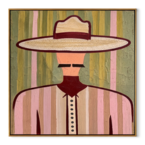 Pastel Brim Frames Mustache - pastel western man painting by Elliot Vale, modern figurative square wall art - framed artwork on white background