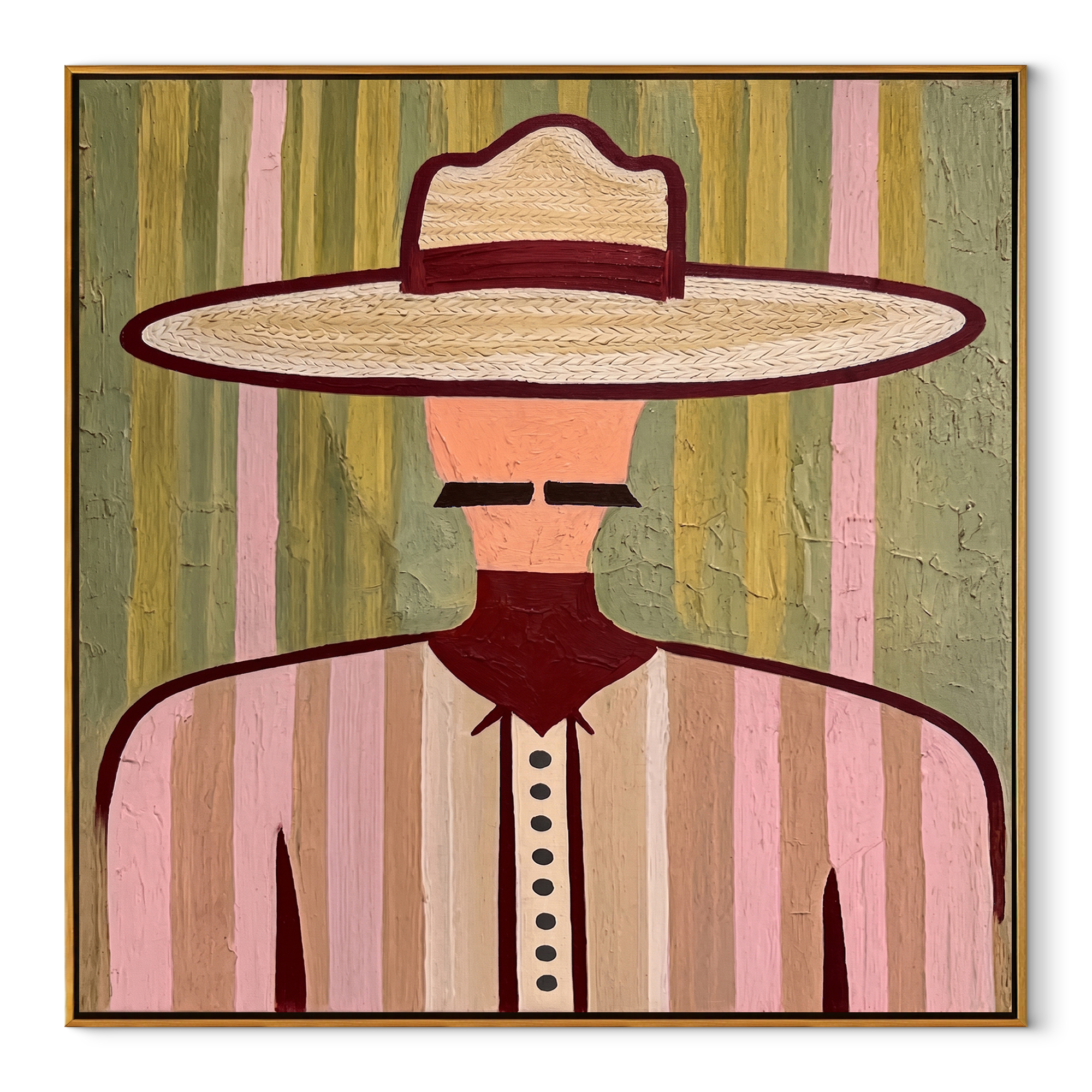Pastel Brim Frames Mustache - pastel western man painting by Elliot Vale, modern figurative square wall art - framed artwork on white background