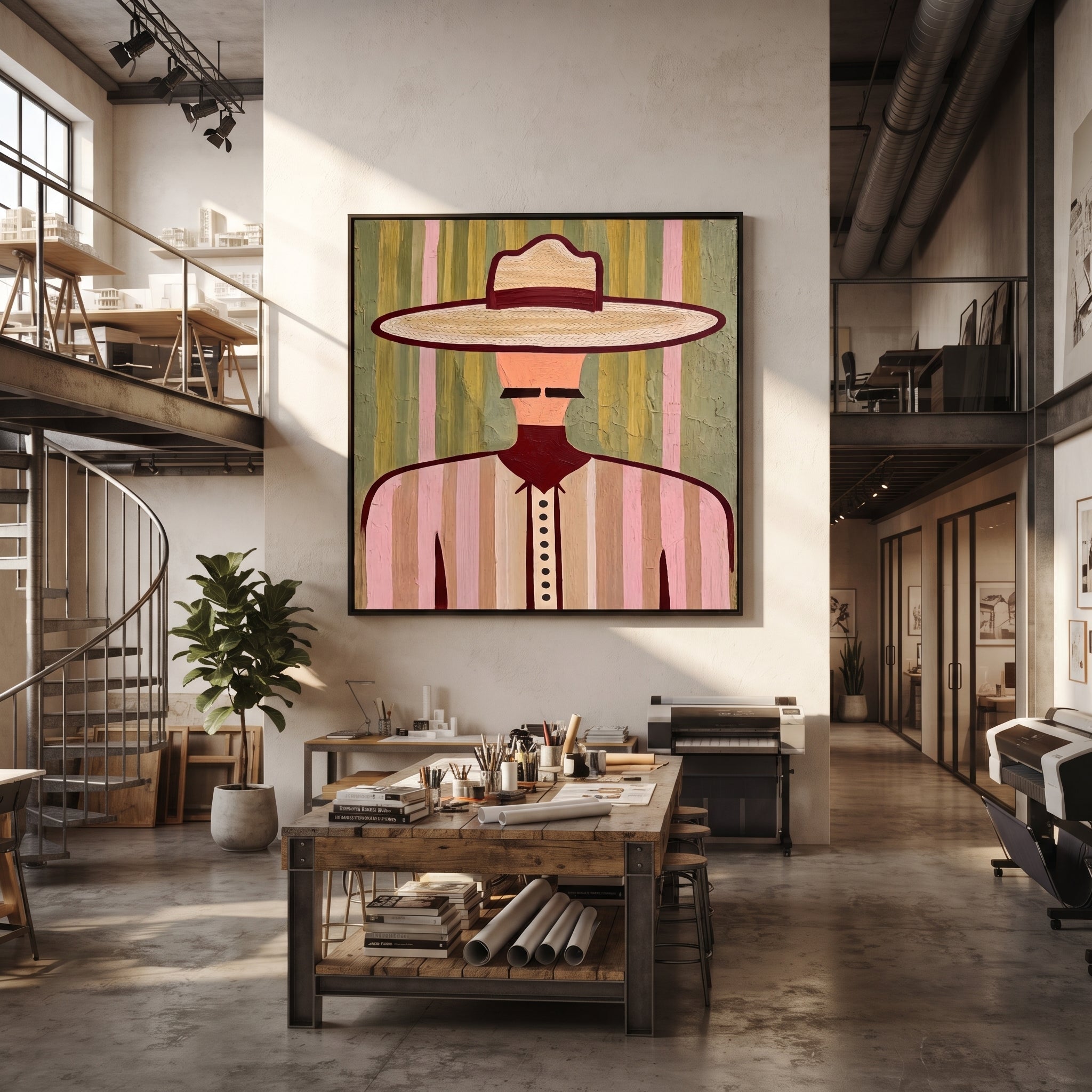 Pastel Brim Frames Mustache - pastel western man painting by Elliot Vale, modern figurative square wall art - styled room scene view 2
