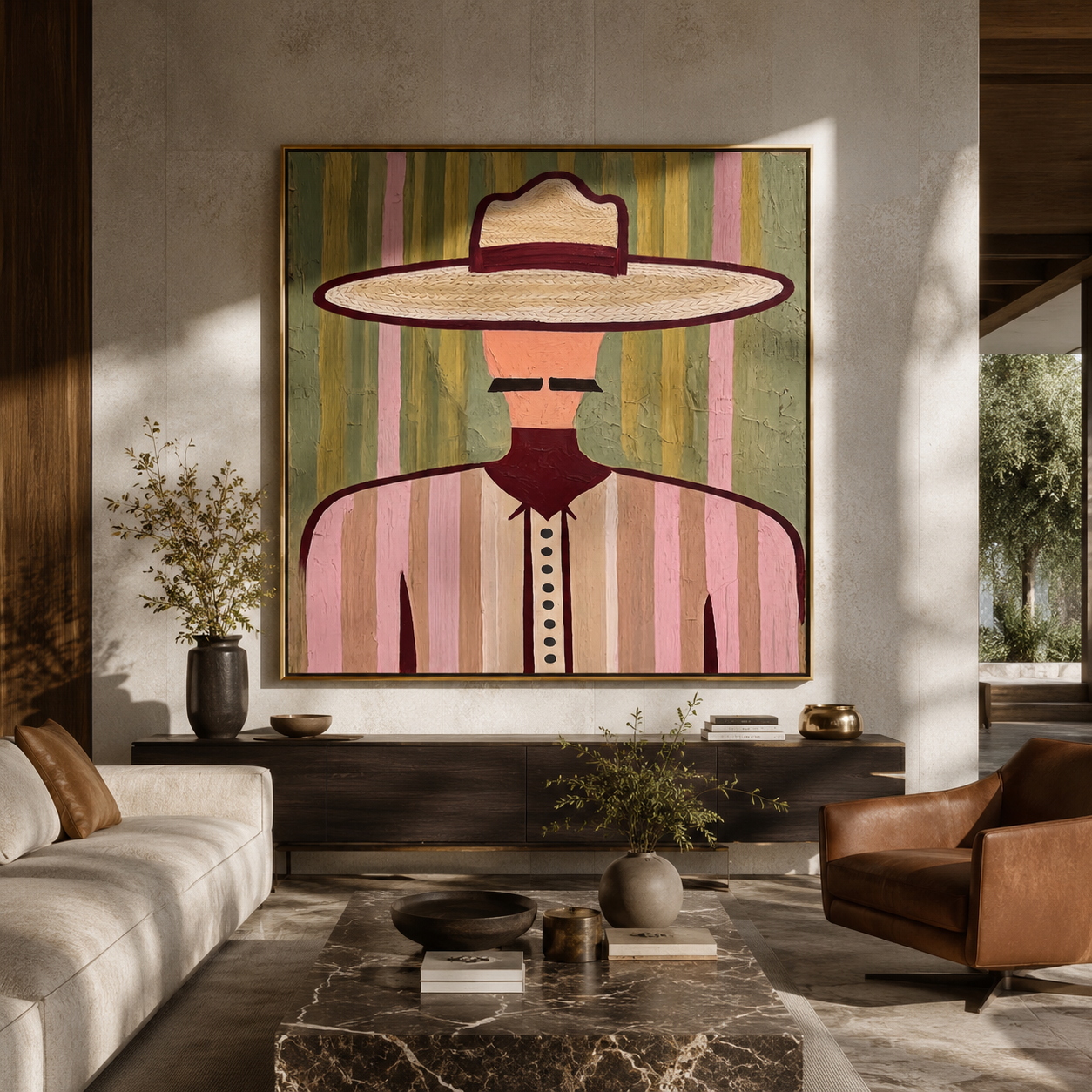 Pastel Brim Frames Mustache - pastel western man painting by Elliot Vale, modern figurative square wall art - styled room scene view 4