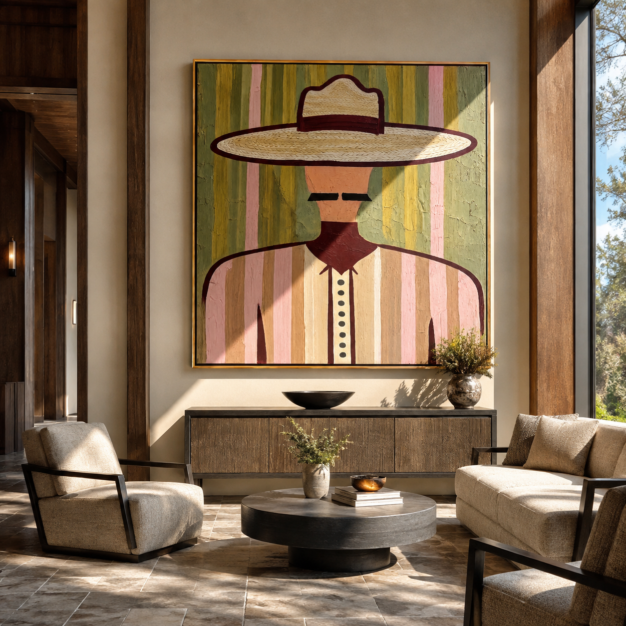 Pastel Brim Frames Mustache - pastel western man painting by Elliot Vale, modern figurative square wall art - styled room scene view 5