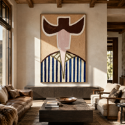 Brown Wings Divide Blue - blue striped cowboy figure painting by Elliot Vale, modern figurative vertical wall art - styled room scene view 1