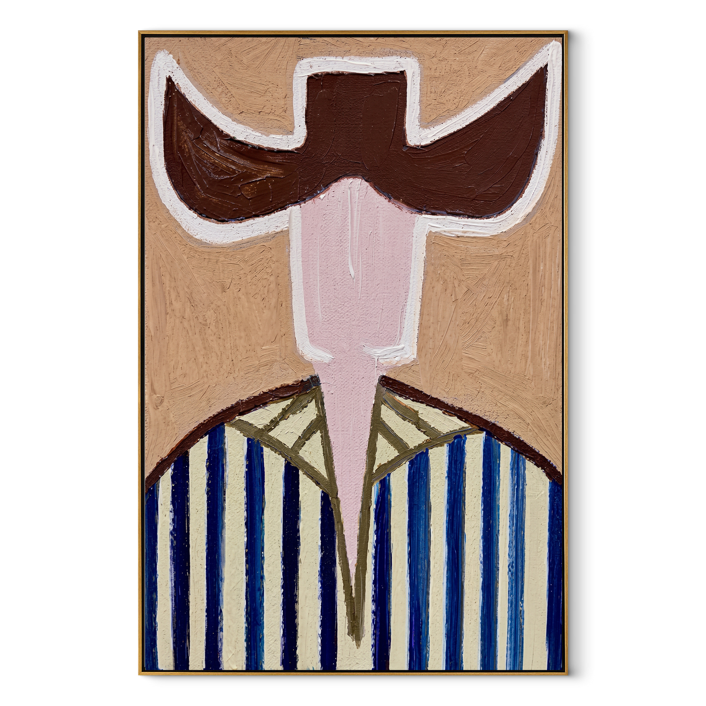 Brown Wings Divide Blue - blue striped cowboy figure painting by Elliot Vale, modern figurative vertical wall art - framed artwork on white background