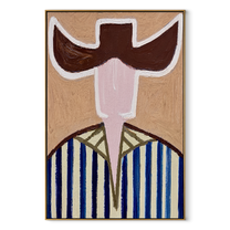 Brown Wings Divide Blue - blue striped cowboy figure painting by Elliot Vale, modern figurative vertical wall art - framed artwork on white background
