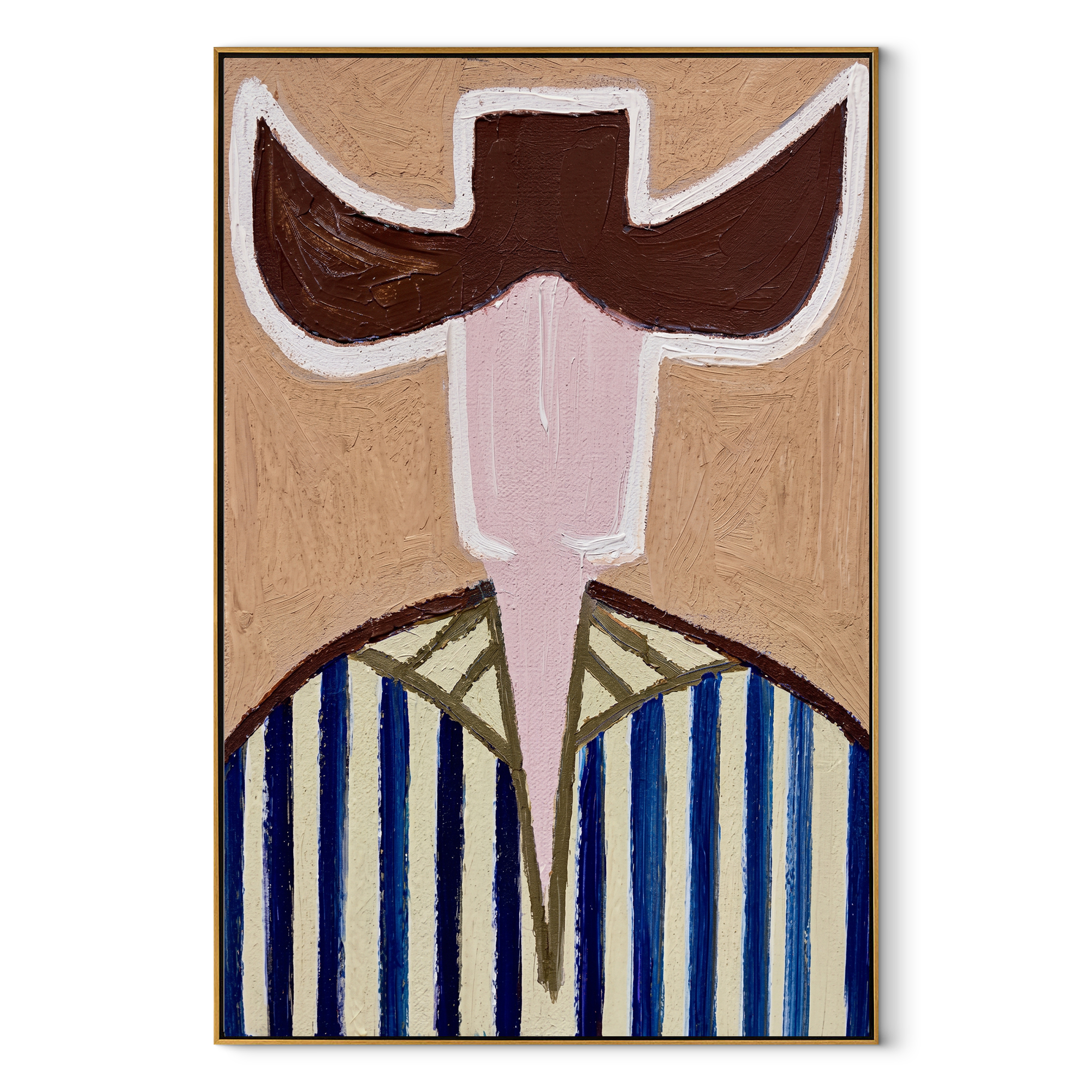 Brown Wings Divide Blue - blue striped cowboy figure painting by Elliot Vale, modern figurative vertical wall art - framed artwork on white background