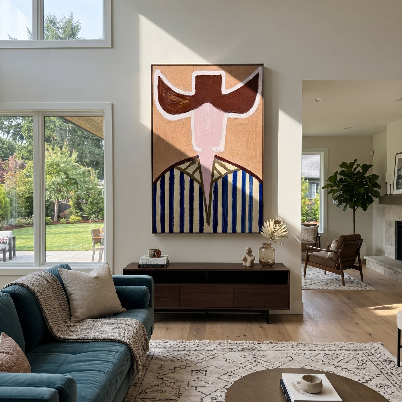 Brown Wings Divide Blue - blue striped cowboy figure painting by Elliot Vale, modern figurative vertical wall art - styled room scene view 2