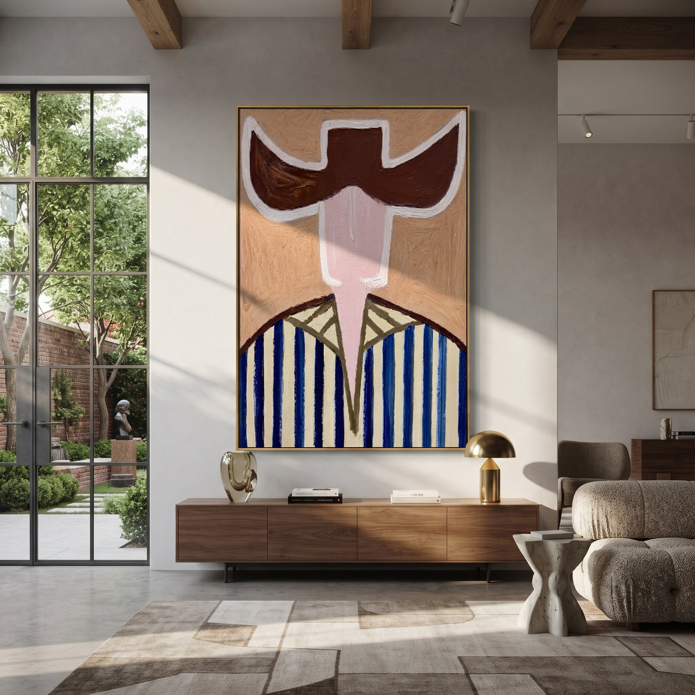 Brown Wings Divide Blue - blue striped cowboy figure painting by Elliot Vale, modern figurative vertical wall art - styled room scene view 3
