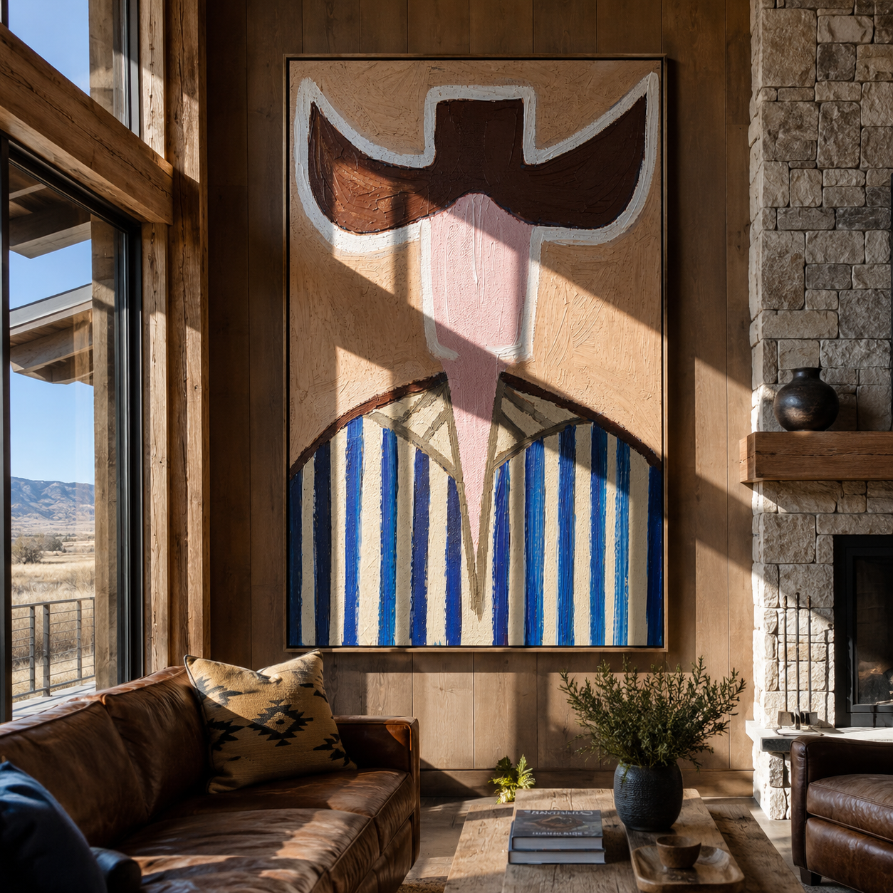 Brown Wings Divide Blue - blue striped cowboy figure painting by Elliot Vale, modern figurative vertical wall art - styled room scene view 4