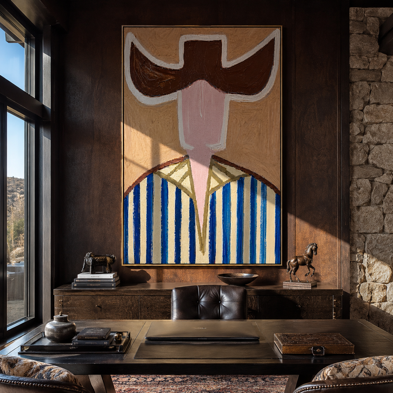 Brown Wings Divide Blue - blue striped cowboy figure painting by Elliot Vale, modern figurative vertical wall art - styled room scene view 5