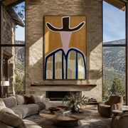 Dark Brim Crowns Linen - neutral striped hat figure painting by Elliot Vale, modern figurative vertical wall art - styled room scene view 1