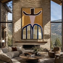 Dark Brim Crowns Linen - neutral striped hat figure painting by Elliot Vale, modern figurative vertical wall art - styled room scene view 1