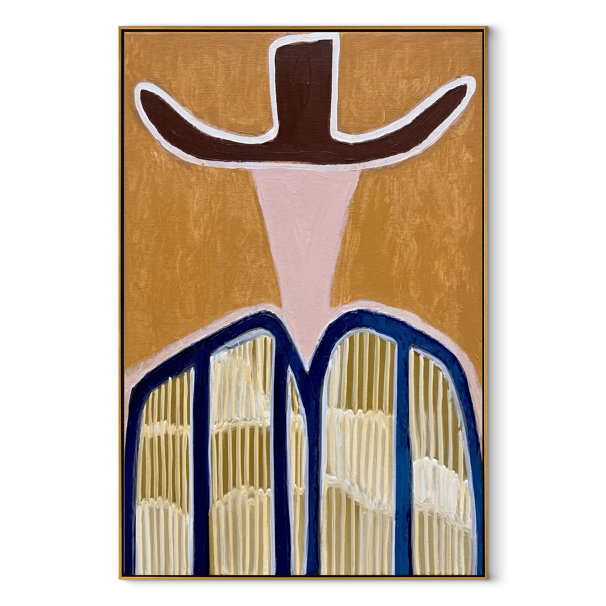 Dark Brim Crowns Linen - neutral striped hat figure painting by Elliot Vale, modern figurative vertical wall art - framed artwork on white background
