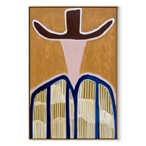 Dark Brim Crowns Linen - neutral striped hat figure painting by Elliot Vale, modern figurative vertical wall art - framed artwork on white background